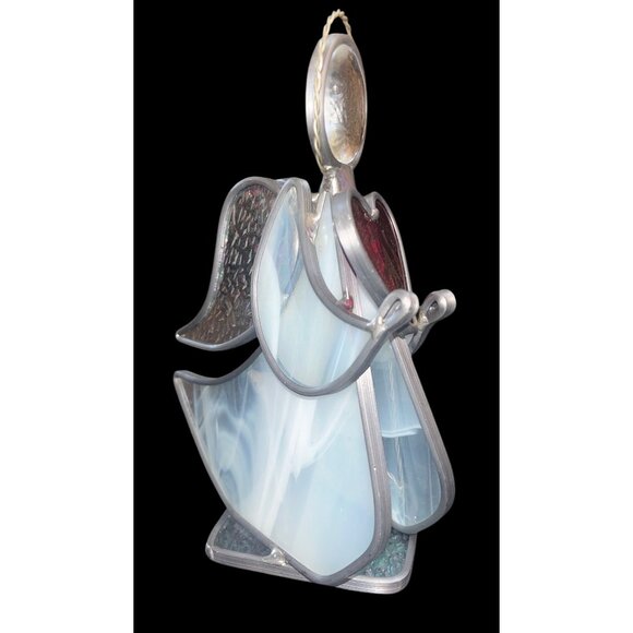Stained Glass Angel Figurine With Red Heart Handmade Silver Metal Frame 7.5” - Picture 2 of 4